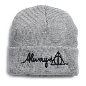Harry Potter Always Deathly Hallows Knit Beanie Hat Gray Black Embroidered Logo